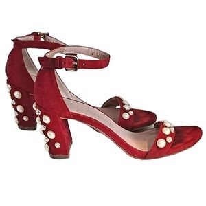 Stuart Weitzman Red Suede Open Toe Heels Sandals Faux Pearl Embellishments Sz 5